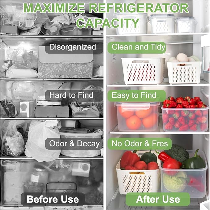 CAPHONT 12 Pack Fruit Storage Containers for Fridge with Removable Colander | 2-in-1 Organic Fruit Storage, 6 Size Clear Vegetable Storage Containers Set Keep Fruits, Vegetables, Meat Fresh Longer ﻿