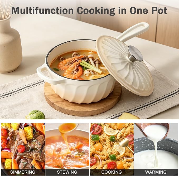 Enameled Cast Iron Sauce Pan with Lid, 1 Quart Saucepan with Lid | Dutch Oven with Lid, Small Cast Iron Pot for Cooking Pasta, Soup, Milk, Induction & Oven Safe Up to 500°F, Caramel White