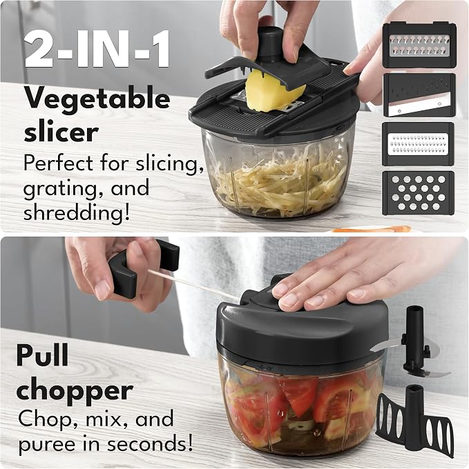 LEBENLANG Manual Food Processor & Onion Chopper - 26 OZ incl. Useful Acessory I BPA-Free I Manual Food Chopper with pull string for garlic & veggie chop I Food mincer vegetable cutter hand pull held