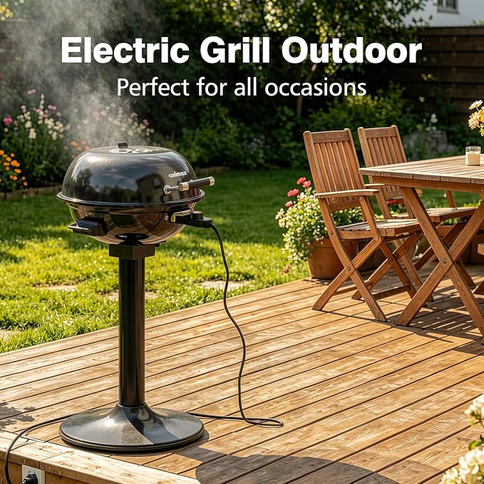 Electric Grill Outdoor, CUSIMAX Electric BBQ Grill, Portable BBQ with Lid | For Cookouts, BBQ Gatherings, Small Spaces, Adjustable Heat, Double Layer Design, Removable Stand Grill, Oil Collector, 1600W