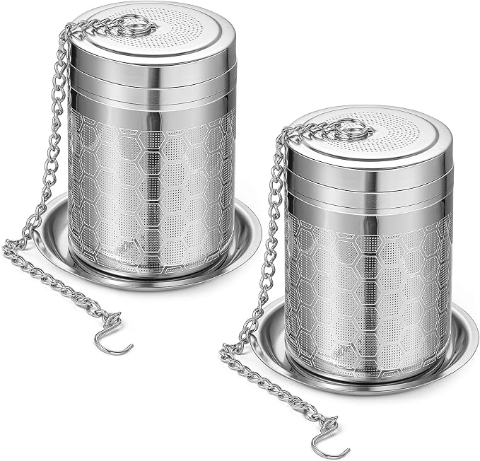 2 Pack Large Tea Infusers For Loose Tea, Stainless Steel Fine Mesh | 304 Stainless Steel, Fine Mesh Filter, Threaded Lid, Chain Hook, Drip Trays, Fits Cups And Teapots, For Tea And Spices