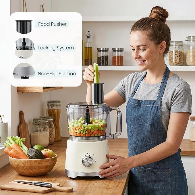 OLIXIS Food Processor 10.5 Cups, 600W Powerful Food processors with 5 Blades, Dishwasher Safe Meat Grinder for Slicing, Shredding, Chopping, Kneading, for Meat, Vegetables, Fruit, Dough