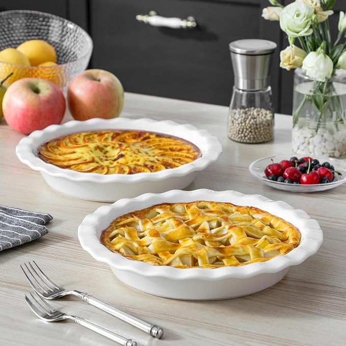 MALACASA 40 Oz Ceramic Pie Pan Set of 2, 9 Inch Fluted Pie Dish | Baking, Versatile for Quiche, Pie, Tart, Casserole, Oven, Microwave, Dishwasher Safe, Non-Stick Glaze, Even Heat Distribution