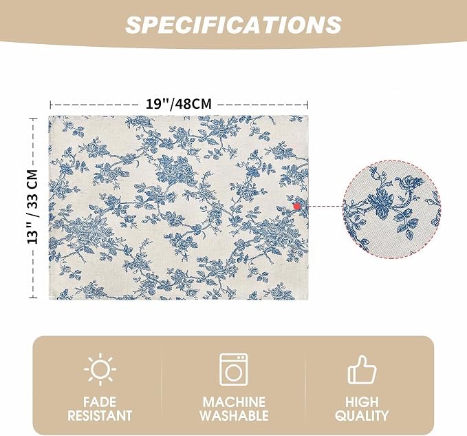 Pastoral Placemats for Dining Table Set of 6, Reversable & Heat-Resistant Non-Slip Place Mats for Kitchen Table Mats 13 x 19 Inch, Floral (Dark Blue)