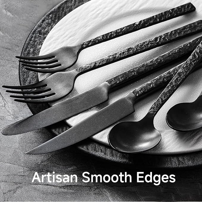 48 Pcs Black Hammered Silverware Set with Steak Knives for 8, 18/10 Stainless Steel Heavy Duty Flatware Set, Tableware Cutlery Utensil Sets for Home Restaurant Dishwasher Safe