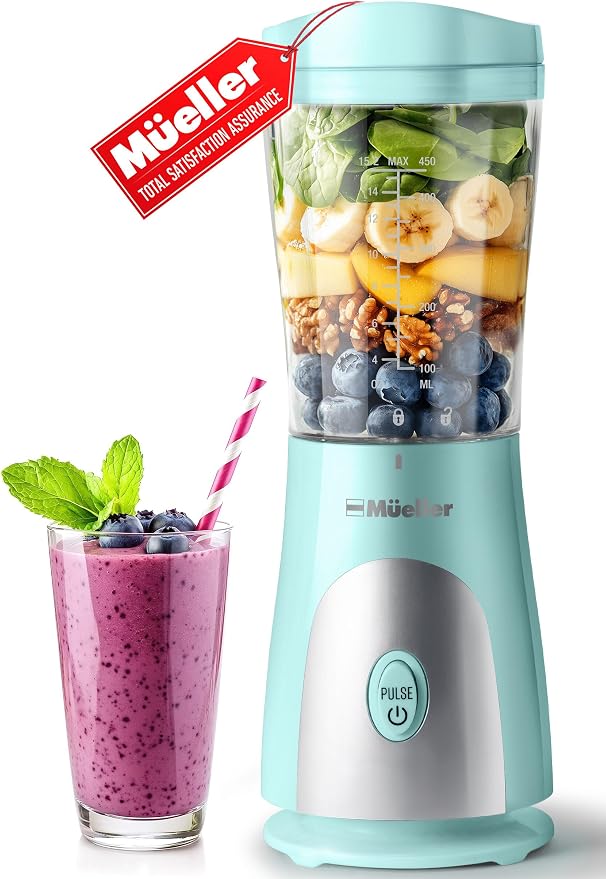 Mueller Heavy-Duty Personal Blender for Shakes and Smoothies with a 15 Oz Travel Cup and Lid, Juices, Baby Food, Portable Blender & Food Processor, Turquoise