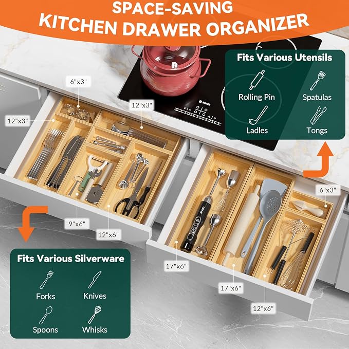 Lixple Bamboo Drawer Organizer – Set of 2 Stackable Storage Boxes, Silverware Tray & Small Gadget Holder for Kitchen Drawers, 9" x 3" x 2" (Outer), 8.3" x 2.3" x 1.77" (Inner)