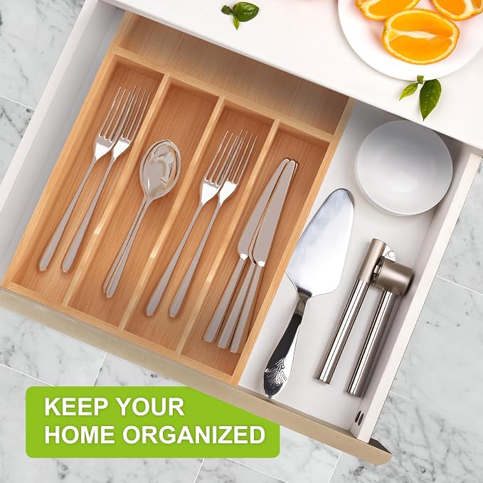 Unibambou Bamboo Kitchen Silverware Organizer with Removable Divider | 5/6 slots flexible, Medium kitchen drawer cutlery organizer, Utensil holder, Flatware organizer tray, 9.8"W x 15.9"D x 1.6"H