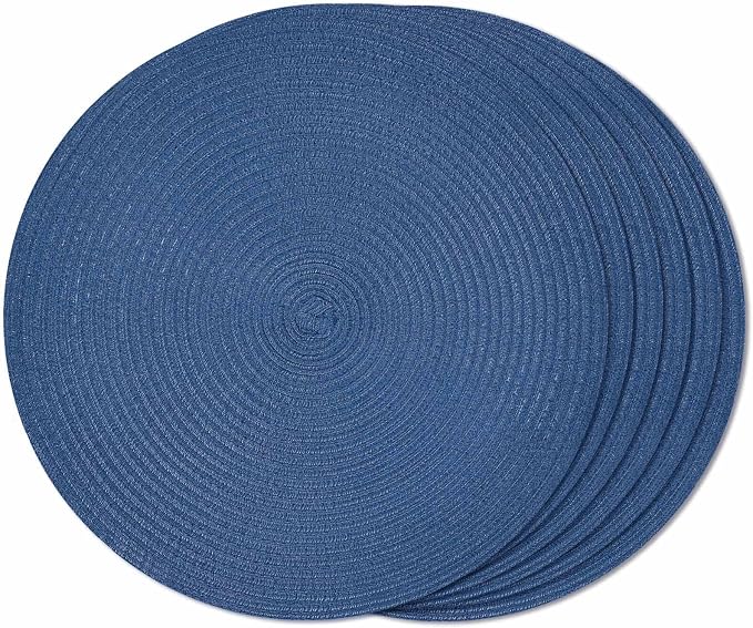 FunWheat Round Braided Placemats Set of 6 Place mats for Dining Tables Woven Heat Resistant Table Mats 15 inch (Blue,6pcs)