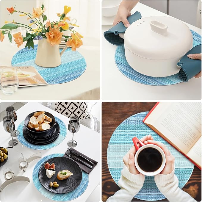 Round Placemats, Placemats Set of 4 Washable Place Mats, Blue 15" | Easy to Clean, Heat Resistant Table Mats, Wipeable Linen Placemat for Holiday Party Kitchen Dining Table Decoration