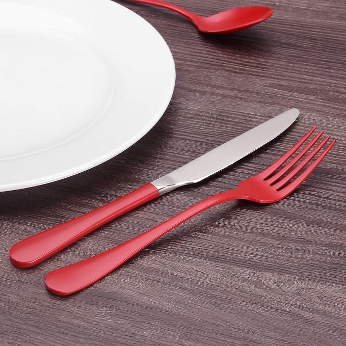 Red Silverware Set, Bysta 40-Piece Stainless Steel Flatware Set, Kitchen Utensil Set Service for 8, Tableware Cutlery Set for Home and Restaurant, Knives mirror polish, Dishwasher Safe