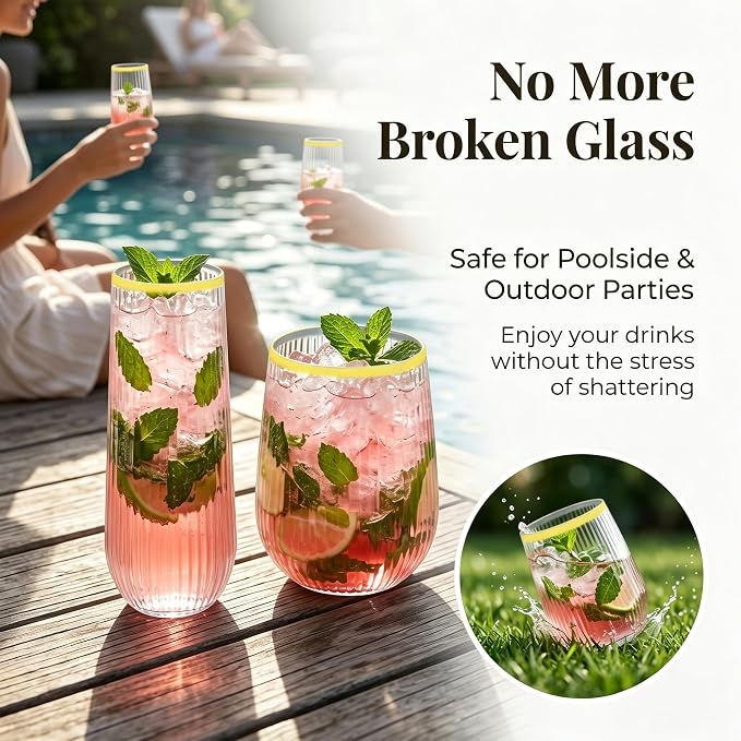 Lueumxc 48 Pack Plastic Wine Glasses Disposable Ribbed Champagne Flutes, 24 Pcs 9 OZ Stemless Champagne Flutes & 24 Pcs 15 OZ Disposable Wine Glasses, BPA-Free
