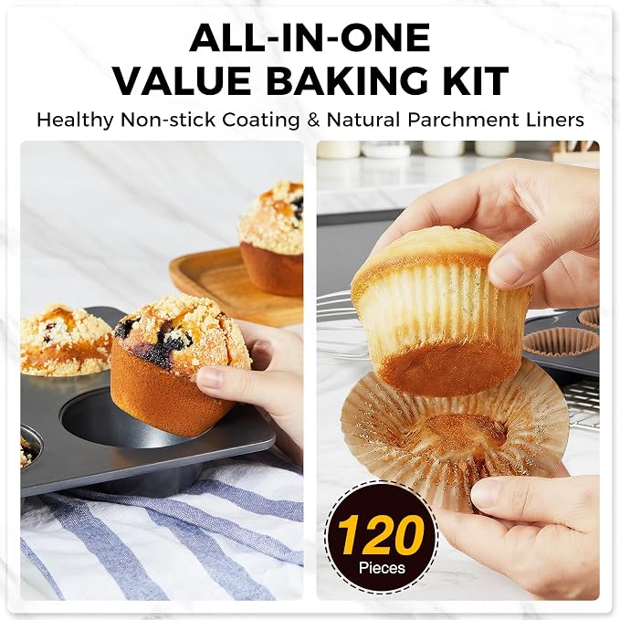 Nonstick Jumbo Muffin Pan, 2 Pack Large Cupcake Tin with 120pcs Muffin Liners, Cup Cake Tray for Baking, 3.5dia, 6 Cup, Premium, Extra Thick
