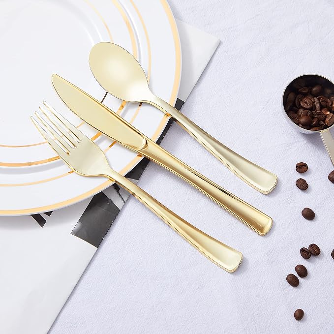 100PCS Gold Plastic Silverware, Heavy Duty Disposable Utensils/Cutlery | 50 Forks, 25 Spoons, 25 Knives, Elegant, BPA-Free, for Party, Wedding, Birthday & Everyday Use