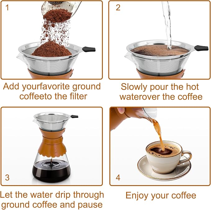 YMMIND 34oz Pour Over Coffee Maker with Double Layer Stainless Steel Filter, Borosilicate Glass Dripper, Detachable Heat-Resistant Leather Pad 7-8 Cups Coffee Maker Carafe（Light brown）