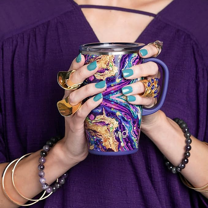 Swig Stainless Steel Insulated Travel Mug, 18 oz, Purple Reign, Double Wall Vacuum Sealed, Dishwasher Safe, Cup Holder Friendly | Triple Insulated Stainless Steel - Handle & Lid Included - Keeps Coffee Hot or Cold - Cup Holder Friendly