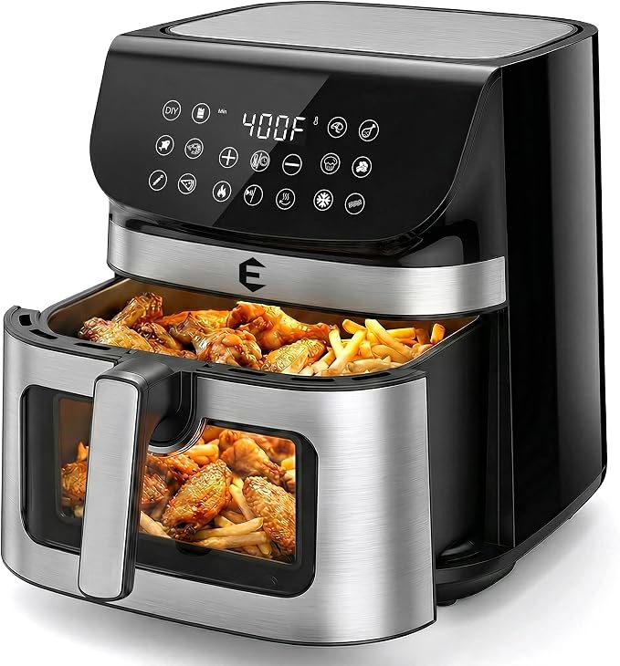 9.5Qt Large Air Fryer Oven, 12 Digital Preset Airfryer Toaster Oven Combo with Touchscreen, Non Toxic Stainless Steel Air Fryer with Viewing Window, XL Capacity Basket Style Airfryer for Family, Black