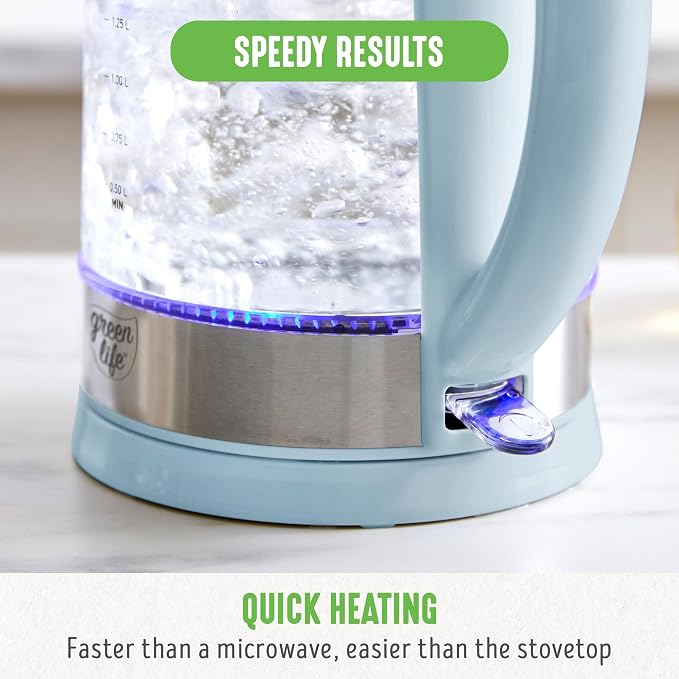 GreenLife 1.7 Liter Electric Glass Kettle, Blue Haze | Glass Body, Auto Shutoff, Thermal Shock Resistant, Quick Heating, Easy One Touch Use, Cordless Serving, LED Base, Coffee/ Tea