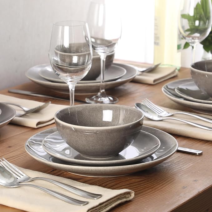 Gibson Elite Castle Peak Plates and Bowls Set, 12-Piece Dinnerware Set, Grey Reactive Glaze Stoneware Dishes, Dinner Plates, Salad Plates & Cereal Bowls