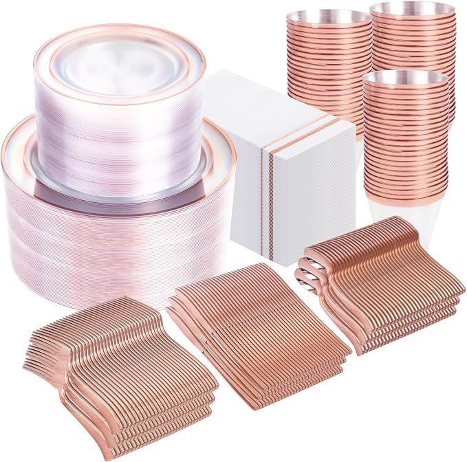 GATHER 700PCS Clear Rose Gold Plastic Plates 100 Guest for Wedding Party | Clear Rose Gold Disposable Dinnerware Set includes 200 Plates, 300 Silverware, 100 Napkins, 100 Cups for Baby Shower Birthday