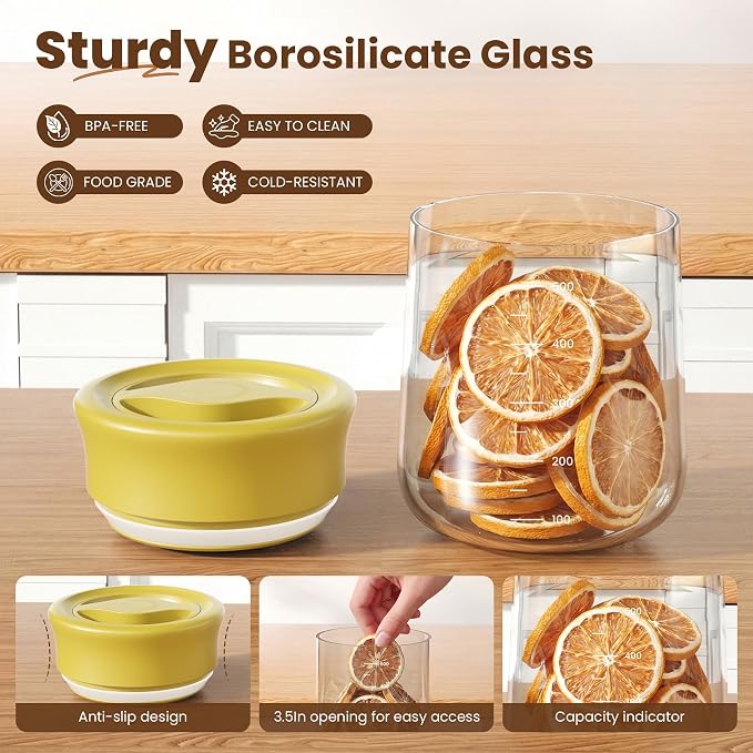 Airtight Glass Storage Jar 16 oz, Easy Open 1/4-Turn Lid Coffee Container | Easy-Open Quarter-Turn Lid, Airtight, Food Grade, Transparency, with Scale