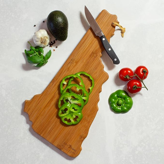 Totally Bamboo New Hampshire State Shaped Cutting Board, Summer Stokes Art | State charcuterie board with colorful hand-drawn landscape art. Smooth reverse side for food prep. Hang tie for wall display.