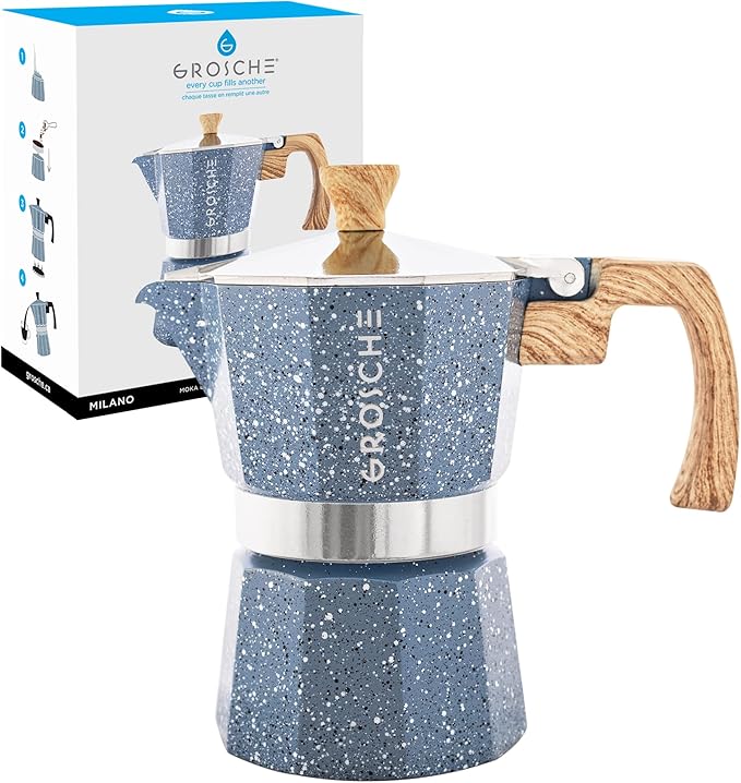 GROSCHE Milano Stovetop Espresso Maker Moka Pot 3 espresso Cup, 5 oz Indigo | Cuban Coffee Maker And Italian Moka Pot For Stovetop Espresso; For Gas, Electric, And Propane Stoves With A Soft-Touch Handle