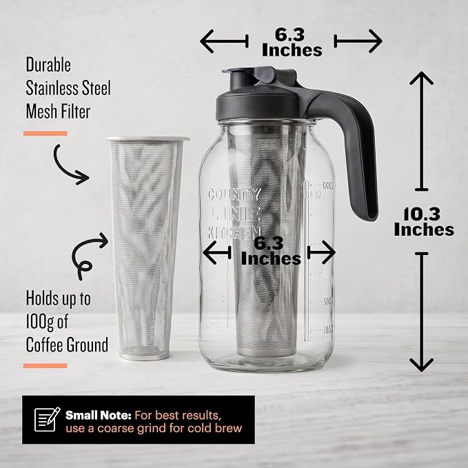 County Line Kitchen 64oz Cold Brew Coffee Maker with Leak Proof Lid - Black | Glass Cold Brew Coffee Maker - Wide Mouth Mason Jar, Stainless Steel Filter & Leak-Proof Lid (64 oz)