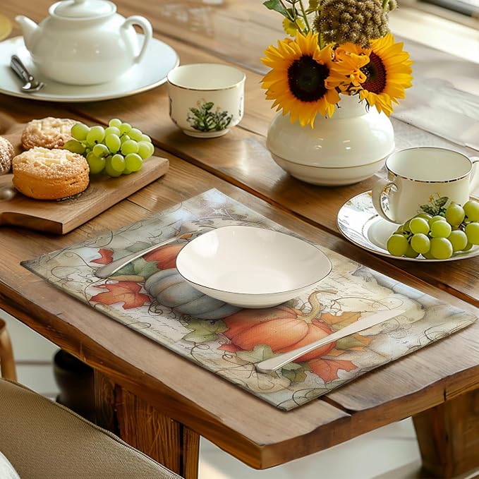 Fall Pumpkin Maple Leaf Placemats Set of 4, 12x18 Inch Vintage Autumn Harvest Rustic Leaves Table Mats Seasonal Fall Thanksgiving Washable Linen Fabric Place Mats for Party Kitchen Dining Decor