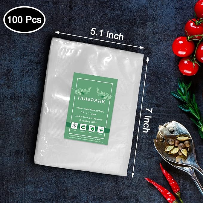Vacuum Sealer Bags, 5.1" x 7" 100Pcs Food Vacuum Sealer Bag, Heavy Duty, Puncture Prevention, Boilsafe, Freezable, BPA Free, Commercial Grade, Fit Airtight Food Storage Sous Vide