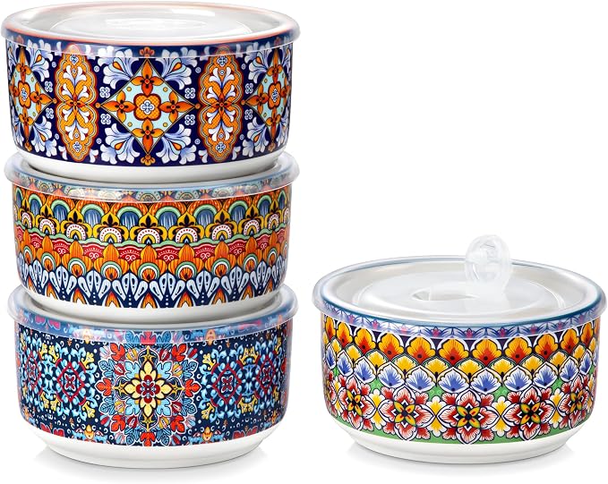 vancasso SIMI 36 oz Ceramic Bowls with Lids Set of 4,Bohemian Serving Bowl | 6 Inch Food Storage Containers Prep Bowls for Leftovers, Soup, Cereal, Meal Prep, Office Lunch, Microwave & Dishwasher Safe