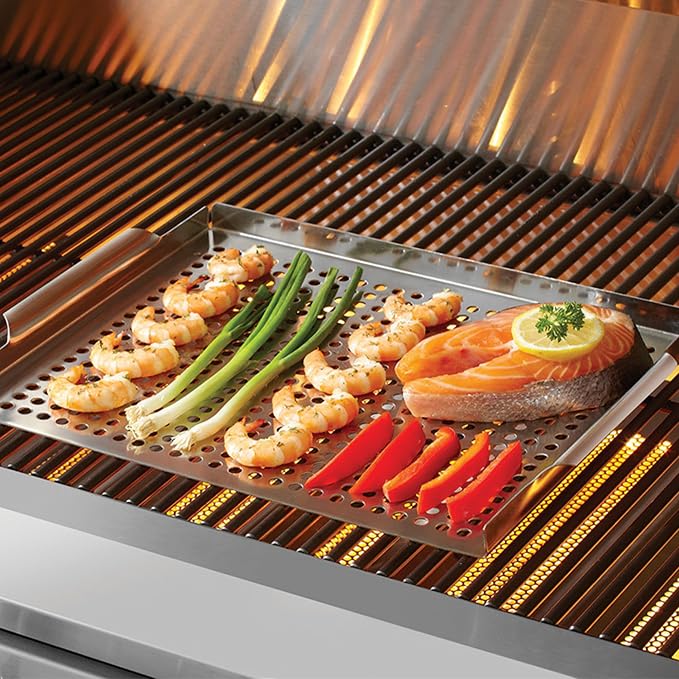 Stainless Steel BBQ Grill Topper Pan Tray for Vegetables, Meats, Skewers & Seafood - Grill Pan for Gas & Charcoal Grills & BBQ - Outdoor Cooking, Grilling, Camping & Tailgating by Mr. Bar-B-Q 06032Y