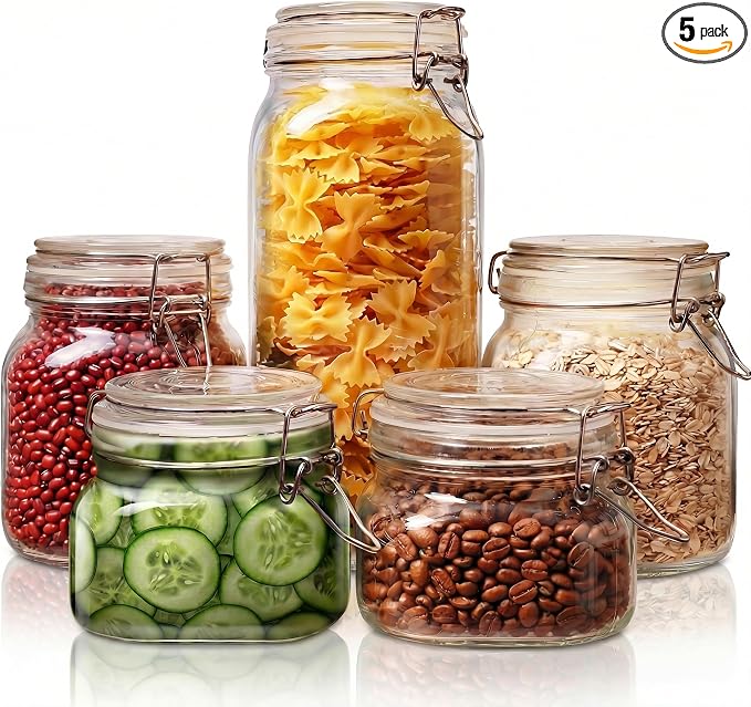 Square Glass Jars with Airtight Lids, Mason Jar with Clamp Lids Multi 5Pack | Air Tight Glass Food Storage Containers with Lids Keep Food Dry & Fresh, Best Canister for Flour, Sugar, Cereal, Rice, Coffee