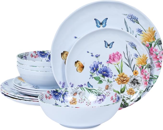 12 Piece Melamine Dinnerware Sets - Plates And Bowls Sets Floral | Dinnerware Sets- Spring Camping Dishs Indoor Outdoor Use,Flowers And Butterflies Pattern Tableware Lightweight Service for 4