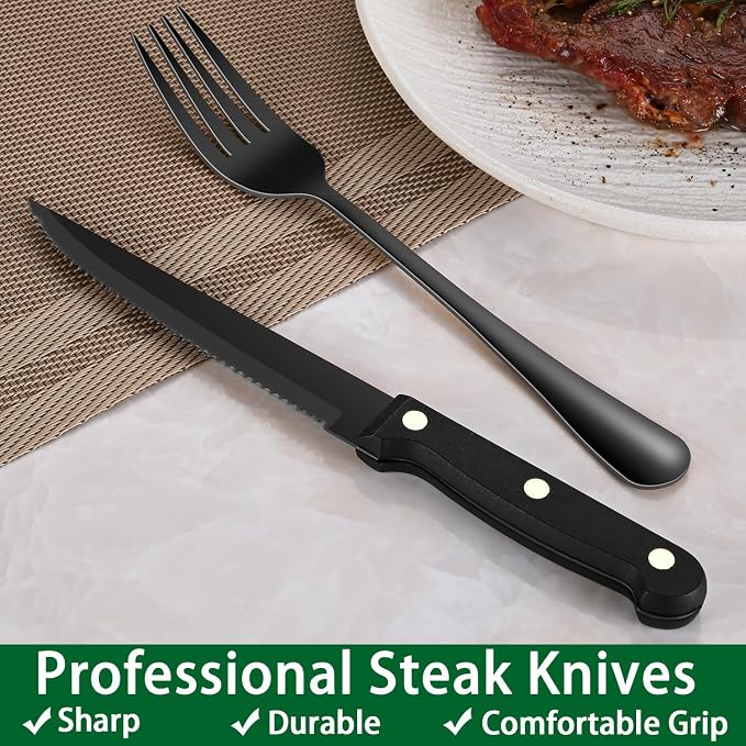 24-Piece Black Silverware Set with Steak Knives, Black Flatware Set for 4, Food-Grade Stainless Steel Tableware Cutlery Set, Mirror Finished Knife Spoon And Fork Sets for Home Restaurant