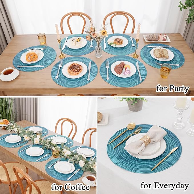 SHACOS 15 inch Round Placemats Set of 4 Variegated Multicolor Place Mats Cotton Polyester Braided Non Slip Washable Heat Resistant Table Mats for Home Wedding Dinner Party Table Decor, Rainbow Teal