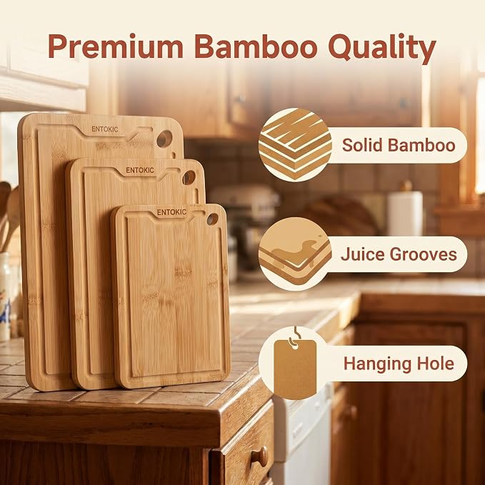 Bamboo Wooden Cutting Board Kitchen Chopping Boards With 3 hooks | Durable carbonized bamboo construction deep juice groove for food prep meat cutting vegetable chopping and daily serving