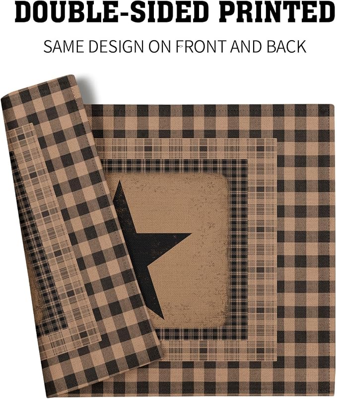 Western Star Placemats Set of 4 ，Texas Themed Primitive Table Mats Vintage Farmhouse Classic Washable Heat Resistant Linen Fabric Rectangle Place Mat 12 x 18 Inch for Indoor Outdoor Home Decor