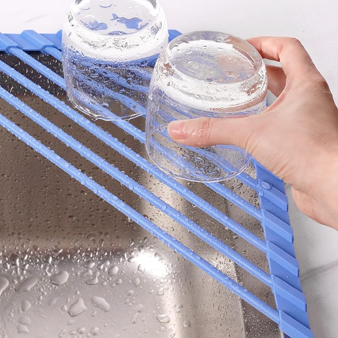 Tomorotec Triangle Roll Up Dish Drying Rack with Silicone Coating, Blue | 304 Stainless Steel with BPA-Free Silicone, Triangle Design Maximizes Sink Corner Space, Fits Compact Kitchens And RVs