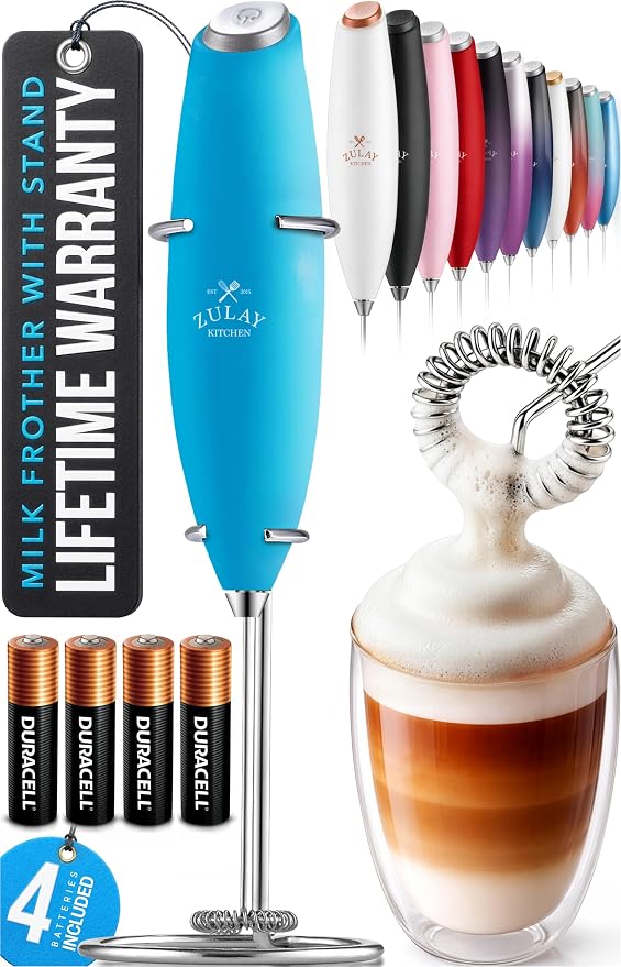 Zulay Kitchen Powerful Milk Frother Wand With Duracell Batteries - Ultra Fast Handheld Drink Mixer - Electric Whisk Foam Maker for Coffee, Lattes, Cappuccino & Matcha - Z1 Motor - Blue Teal
