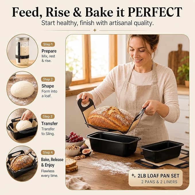 9x5 Loaf Pans for Baking Bread, 2-Pack Bread Loaf Pan Set with Silicone Bread Sling Liners, Nonstick Loaf Liners for Sourdough, Banana Bread, Homemade Bread