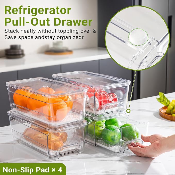 Imncya 3 Pack Fridge Organizer Bins, Refrigerator Organizers and Storage | Stackable Pull-Out, Refrigerator Drawers with Lids, Clear Design with Drain Tray, Fruits Vegetables Snack Storage Containers