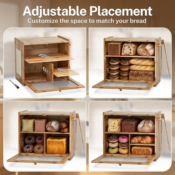 HOOMESUN Bread Box, Large Bread Storage Organizer for Kitchen Counter | Bamboo wood construction，Clear acrylic window，Farmhouse vintage style，Pantry and cabinet storage