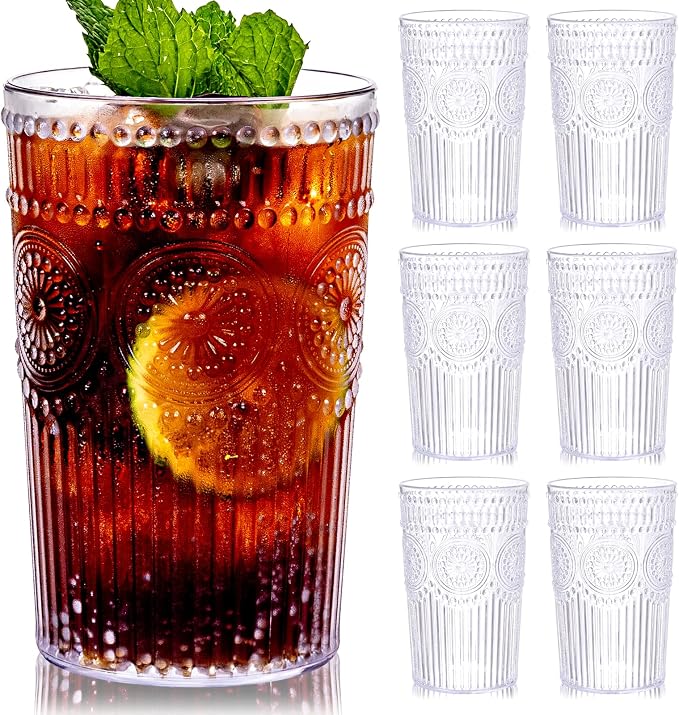 Ciaell 12 Pack Plastic Water Glasses for Parties Dinners | 14 oz Clear Embossed Ribbed Vintage Drinking Cups, Heavy Duty Plastic, Beer Juice Cocktails for Weddings Outdoor Bars