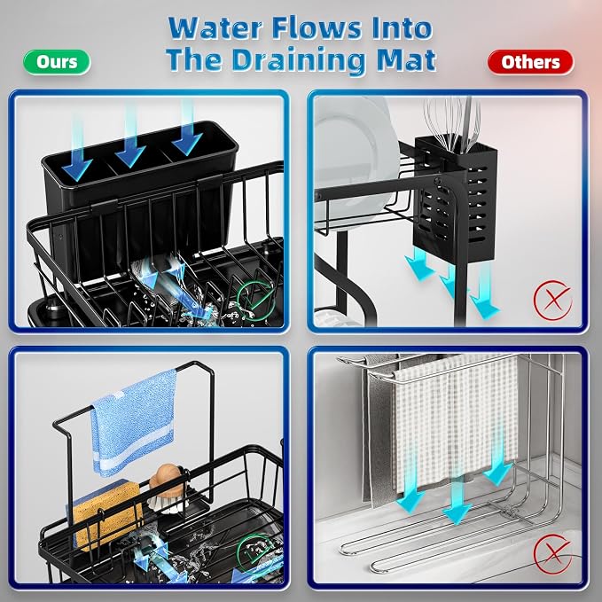 Dish Drying Rack, Stainless Steel-Dish Rack, (Black2 with Sponge Rack ) | Dish Racks for Kitchen Counter, Kitchen Dish Drainers with Removable Utensil Holder,New drain outlet,
