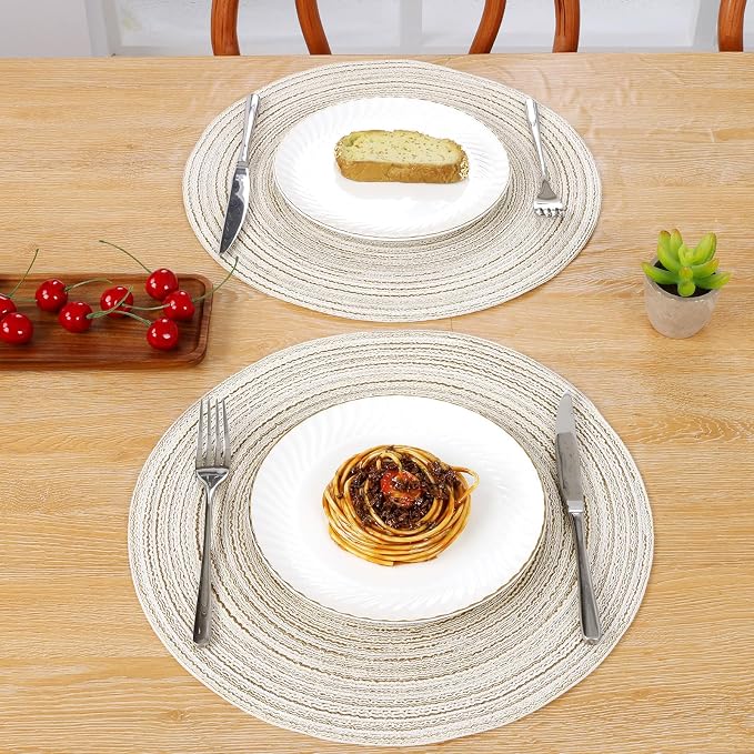 SHACOS Round Braided Placemats Set of 4 Washable Table Placemats Cotton Polyester Place Mats 15 inch Circle Table Mats for Holiday Party (Ivory, 4)