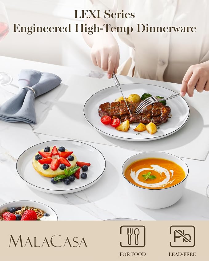 MALACASA 18-Piece Dinnerware Set for 6, White Black-Rim Porcelain Dishes | High-Fired Porcelain, Chip and Scratch Resistant, Microwave and Dishwasher Safe, Dinner, Salad Plates and Cereal Bowls