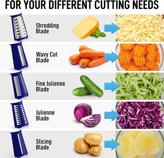 Zulay Kitchen Rotary Cheese Grater 5 Blade Cheese Shredder - Manual Hand Crank Cheese Grater With Reinforced Suction & 5 Interchangeable Drums - Easy to Use, Vegetable Chopper Round Mandoline Slicer