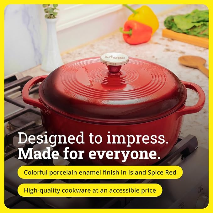 Lodge Essential Enamel Cast Iron Dutch Oven with Lid 7.5 Quart - Oven-Safe Enamel Cookware up to 500° F - Heat-Retaining Braising & Roasting Pot - Non-Toxic Cookware - Island Spice Red