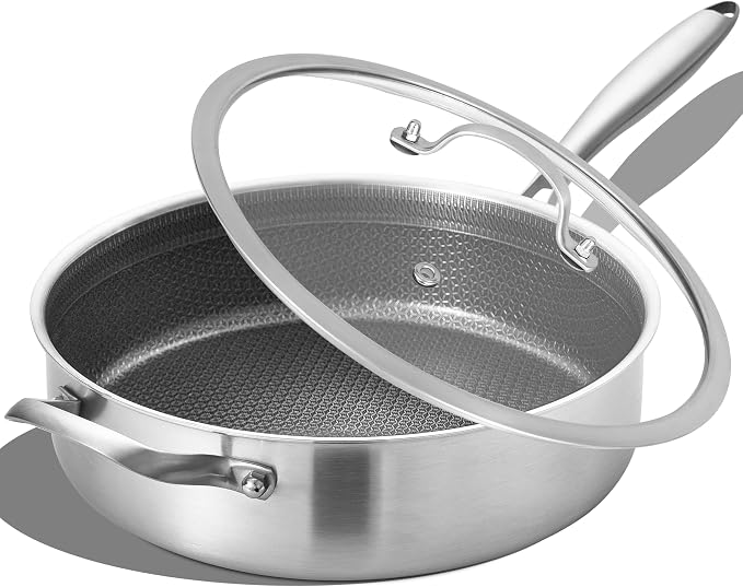 LOLYKITCH 6-Quart Large Frying Pan with Lid | 12 Inch | Detachable Handle | Ceramic Nonstick | Tri-Ply Stainless Steel | Deep Skillet | Saute Pan | PFOA Free | Induction | Dishwasher & Oven Safe